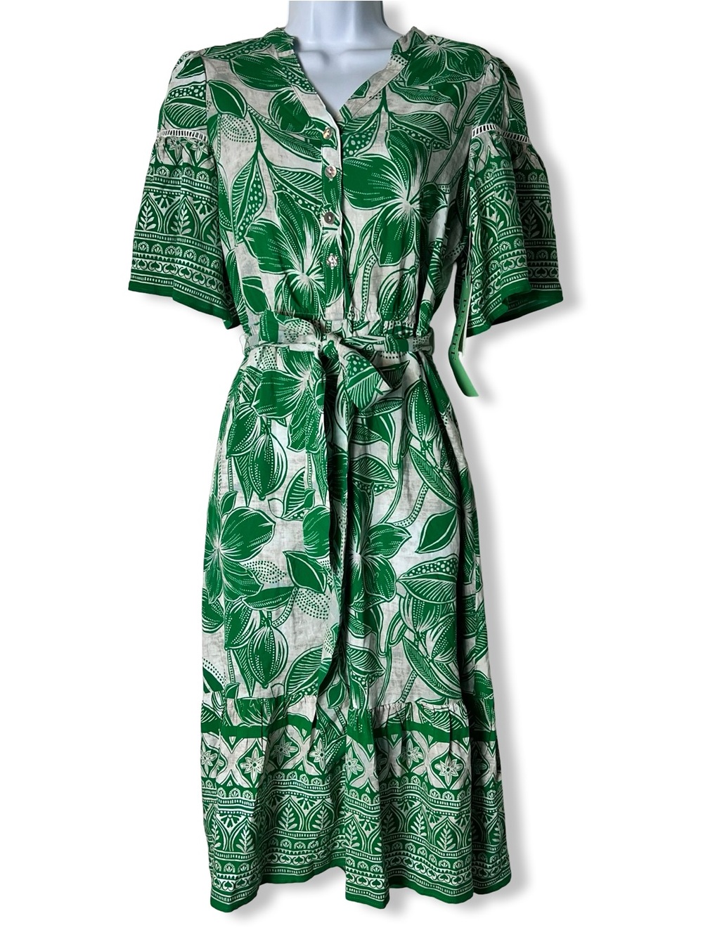 Fig + Flower Anthropologie NWT Botanical Tropical Belted Shirt Dress Green Sz PS